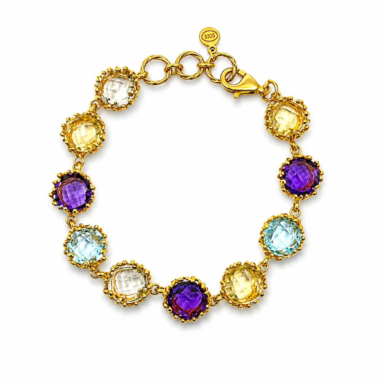 NURAI 18K Gold Vermeil Round Station Bracelet with Amethyst, Green Amethyst, Blue Topaz and Lemon Quartz