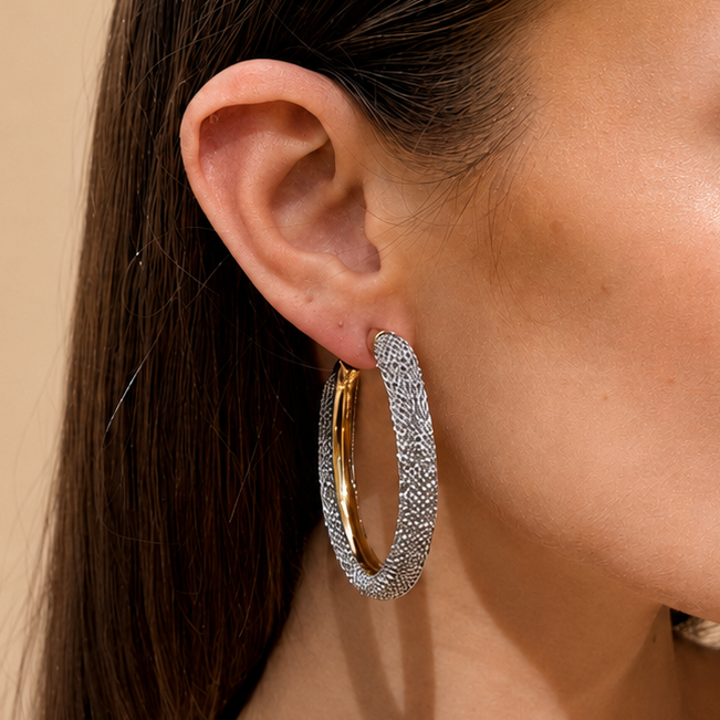 AIMA 18K Gold Vermeil Large Hoop Earrings with Silver Mesh