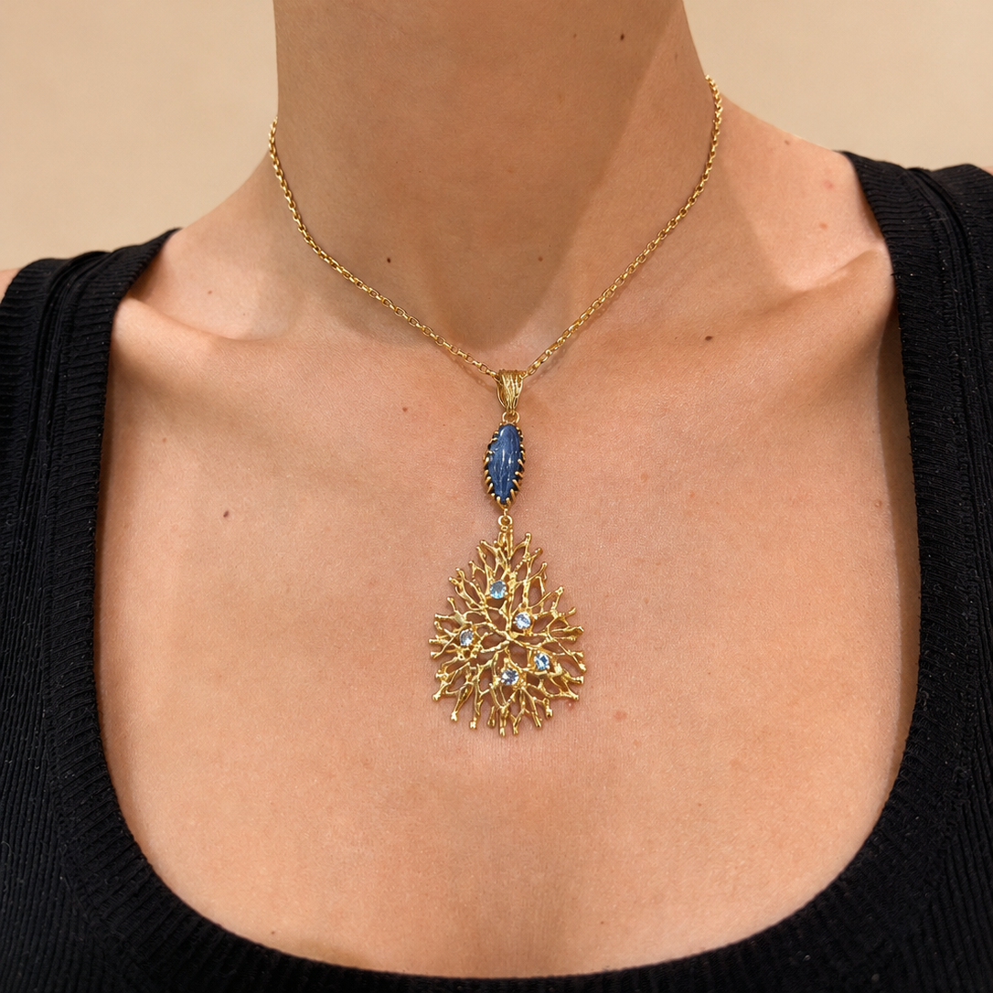 NURAI 18K Gold Vermeil Linked Marquise Drop Necklace with Kyanite and Blue Topaz
