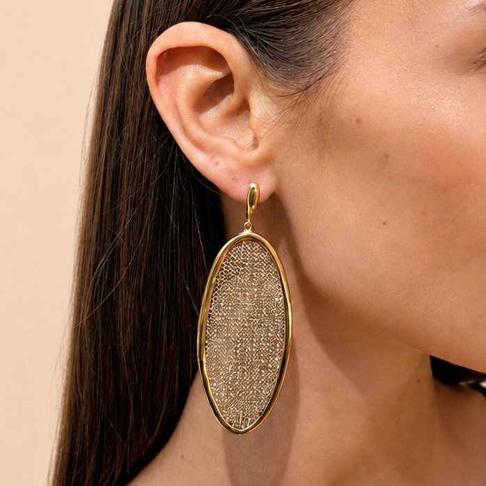 AIMA 18K Gold Vermeil Oval Gold Mesh Drop Earrings